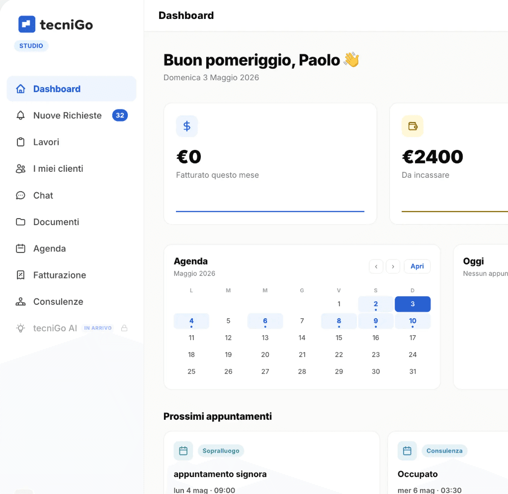 Dashboard desktop tecniGo Studio usata come sfondo del mockup mobile