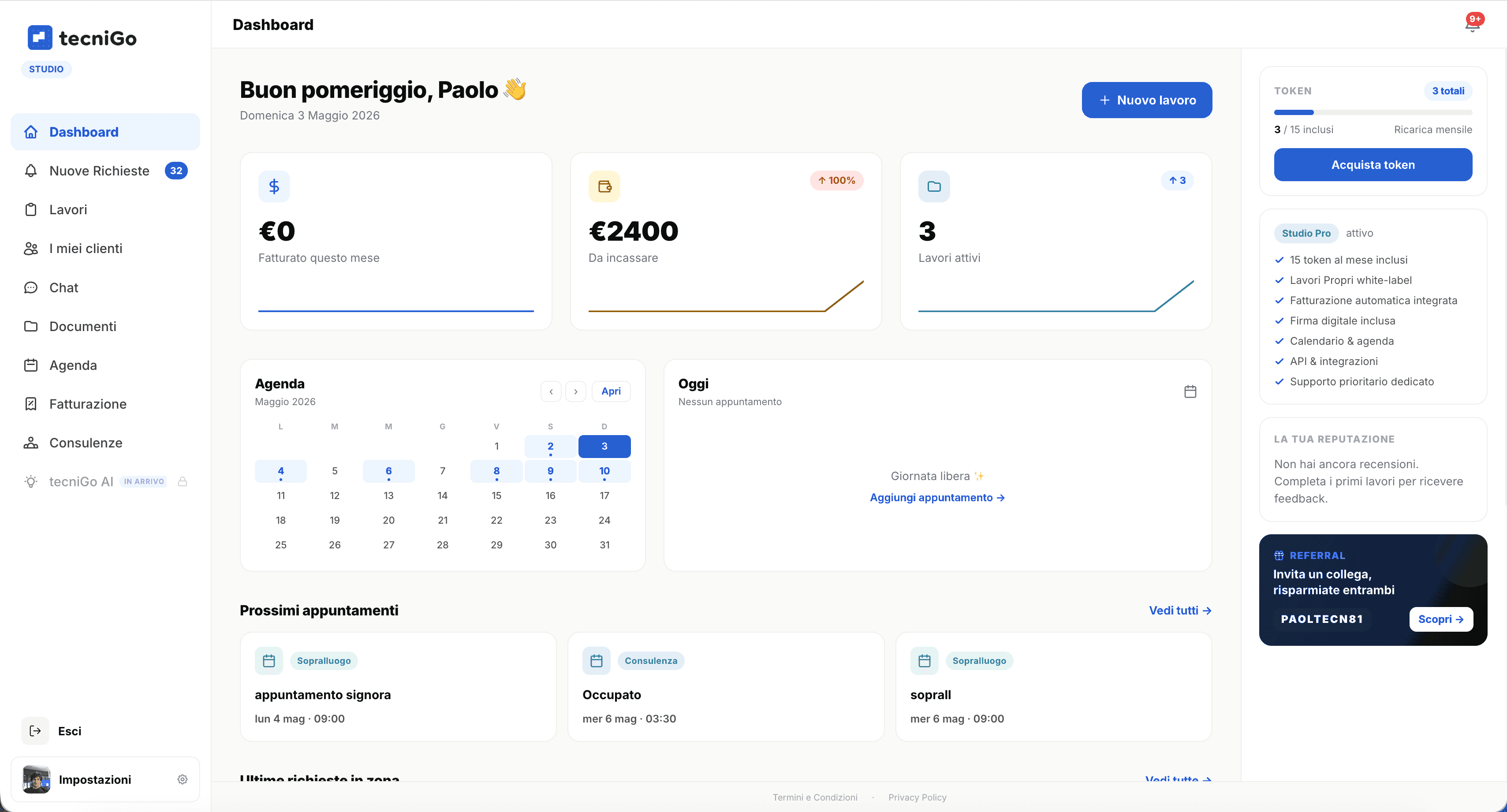 Dashboard tecniGo Studio con lavori, clienti e pagamenti